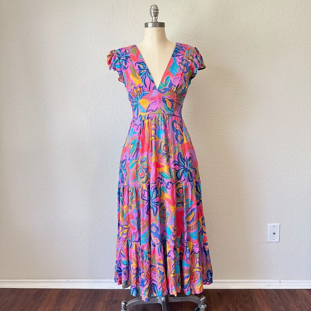 CAROLINE CONSTAS Maxi Dress Colorful Floral Metallic Flutter Sleeve